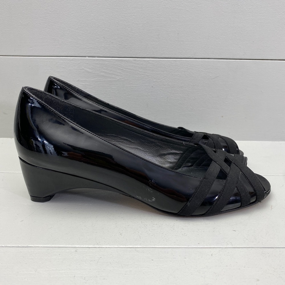 Stuart Weitzman Patent Leather Peep Toe Wedge Heels Womens 8 M Black JW234282